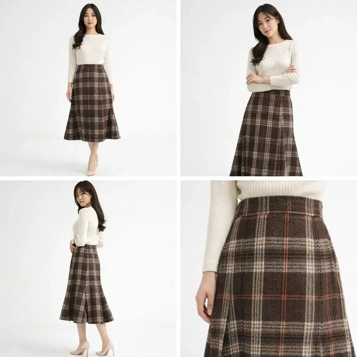 [SOLD OUT] 브라운 체크 A라인 롱 스커트