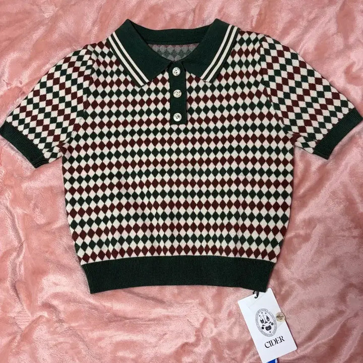 [BUNJANG] CIDER Argyle Knit Polo Top / KNIT POLO ARGYLE SHORT SLEEVE TOP