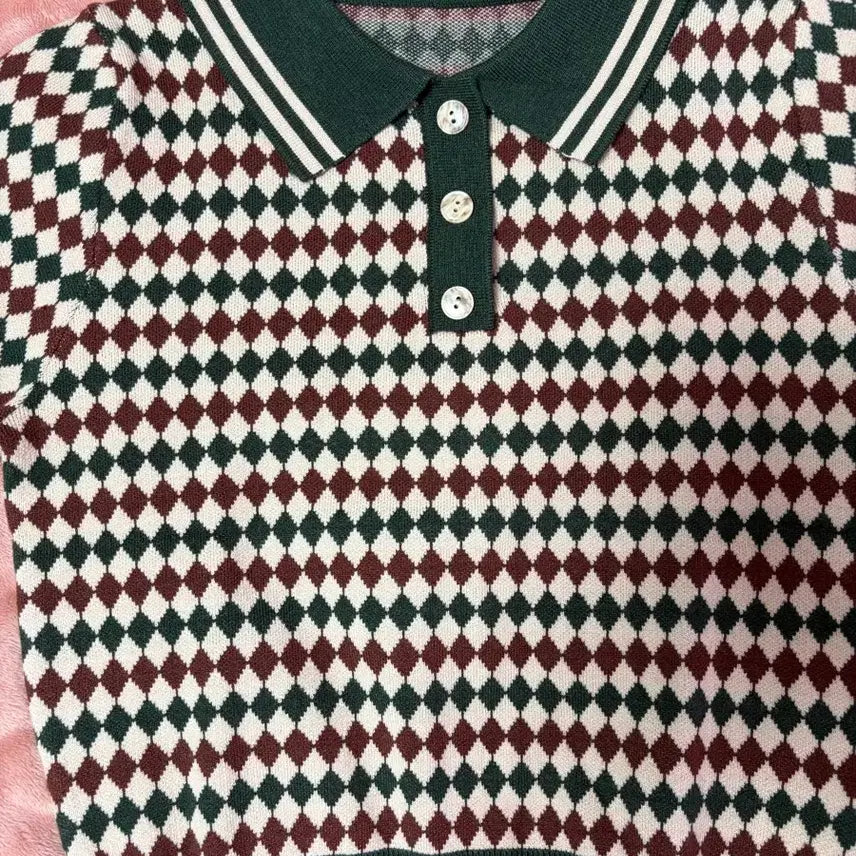 [BUNJANG] CIDER Argyle Knit Polo Top / KNIT POLO ARGYLE SHORT SLEEVE TOP
