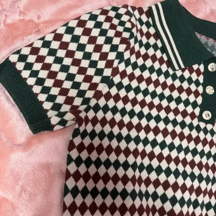 [BUNJANG] CIDER Argyle Knit Polo Top / KNIT POLO ARGYLE SHORT SLEEVE TOP