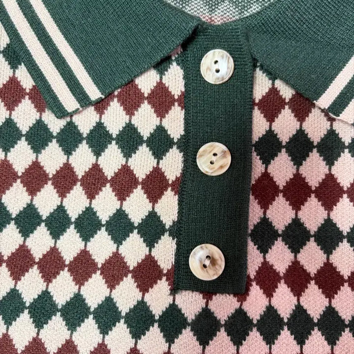 [BUNJANG] CIDER Argyle Knit Polo Top / KNIT POLO ARGYLE SHORT SLEEVE TOP