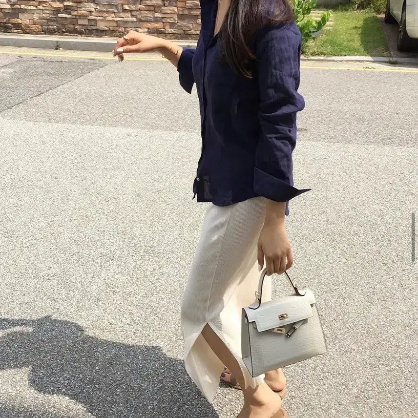 [BUNJANG] Vera Elle Premium Deep Navy Linen Shirt / 베라엘르 프리미엄 딥네이비 린넨 셔츠