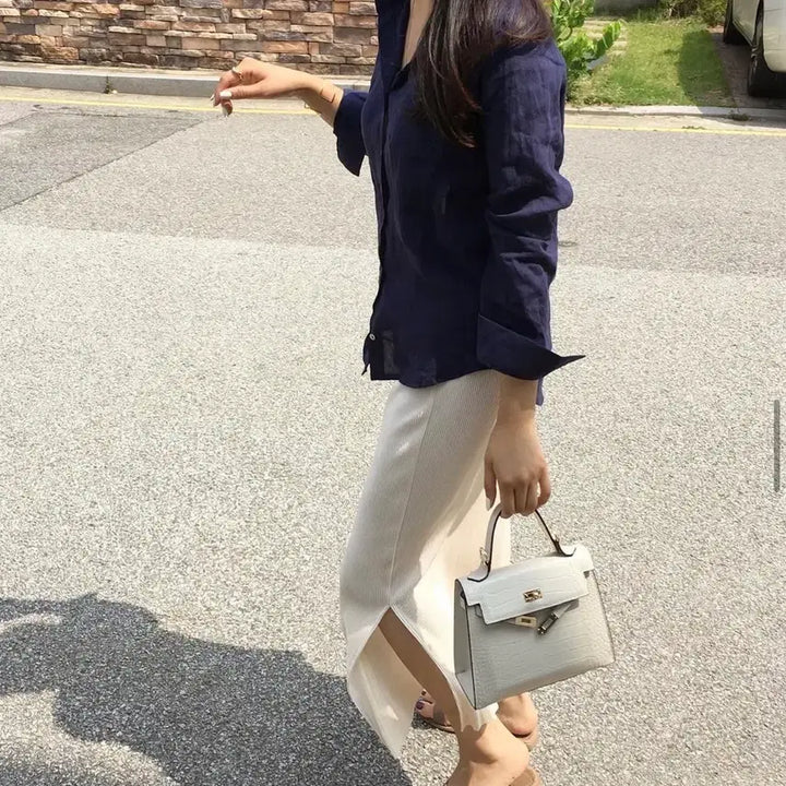[BUNJANG] Vera Elle Premium Deep Navy Linen Shirt / 베라엘르 프리미엄 딥네이비 린넨 셔츠