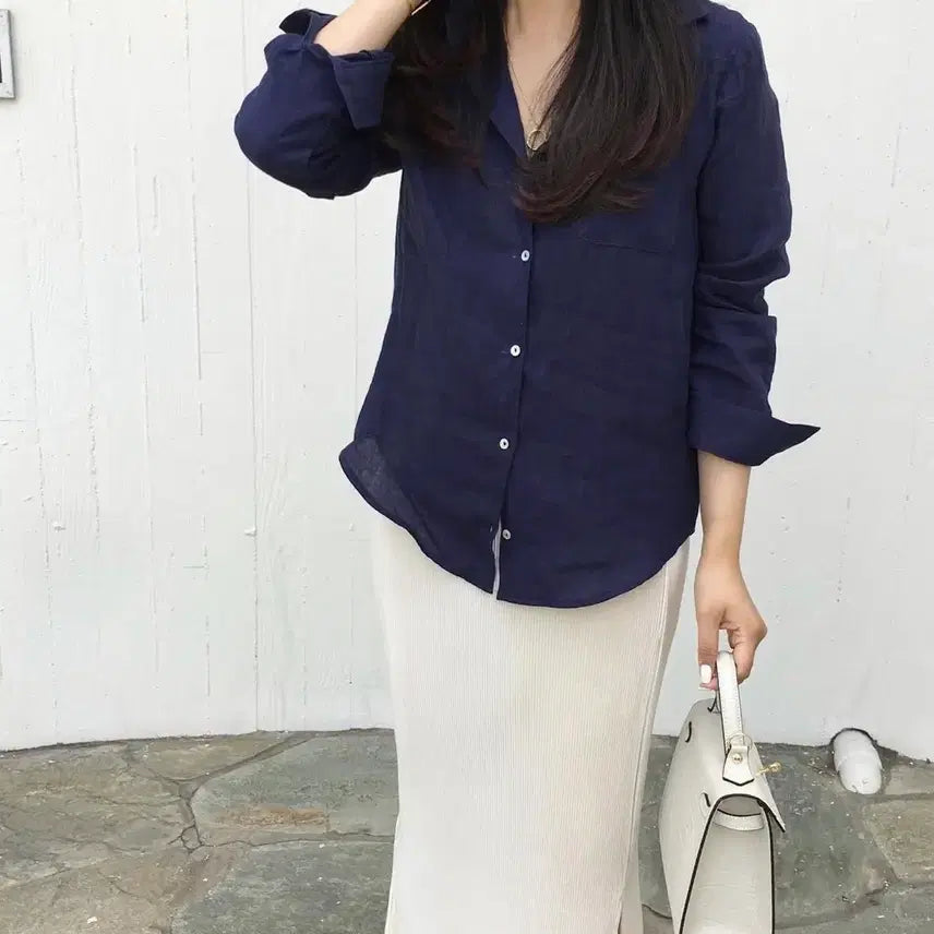 [BUNJANG] Vera Elle Premium Deep Navy Linen Shirt / 베라엘르 프리미엄 딥네이비 린넨 셔츠