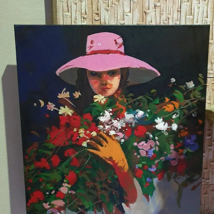 [BUNJANG] Woman with Pink Hat Floral Painting / 핑크 모자 여인 꽃그림 가로 45.5cm 세로 53.5cm