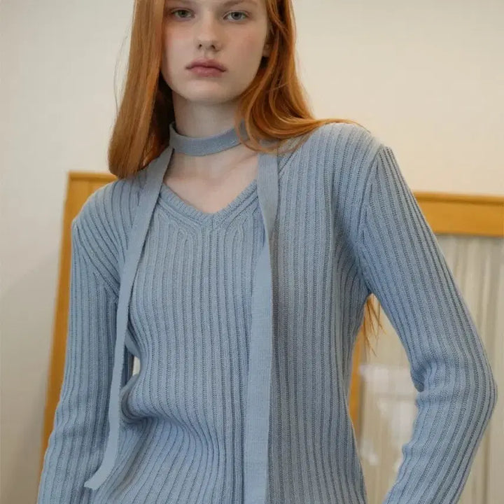 [BUNJANG] Bleti V-Neck Tie Knit Set / (새상품)블레티 브이넥 타이 니트 셋트