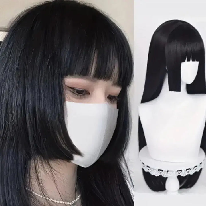 [BUNJANG] Hime Cut Black Wig Set / 가발망, 거치대, 빗 포함) 히메컷 지뢰계 가발 통가발 긴머리 코스프레