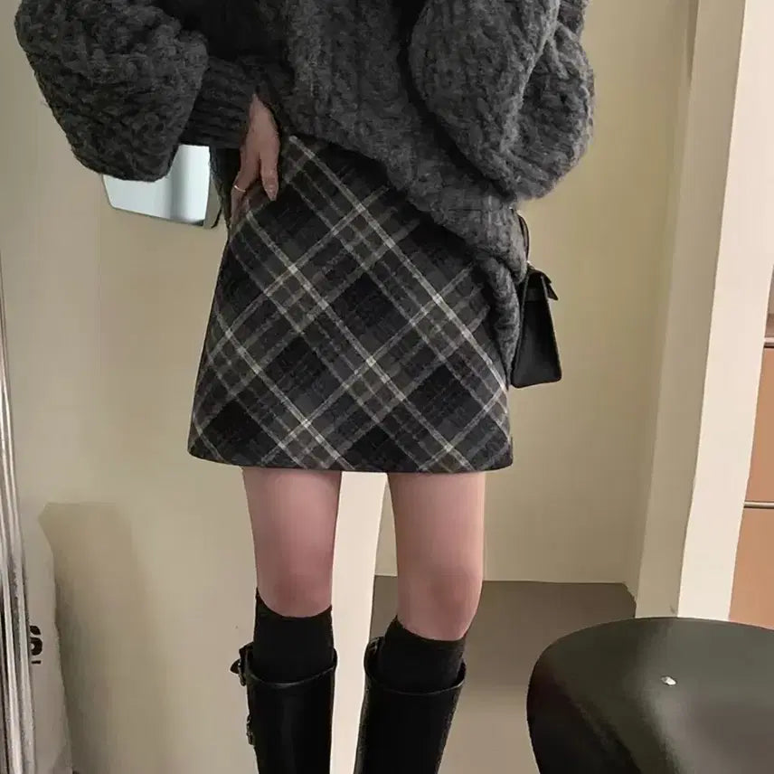 [BUNJANG] Wool Check Pattern Midi Skirt - Size L / 모직 체크스커트 L