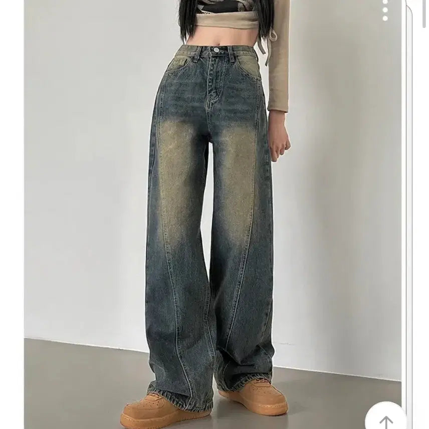 [BUNJANG] Washed Wide Denim Pants / 워싱 절개라인 와이드 데님팬츠