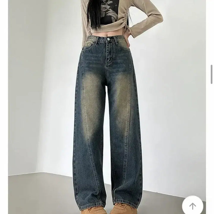 [BUNJANG] Washed Wide Denim Pants / 워싱 절개라인 와이드 데님팬츠