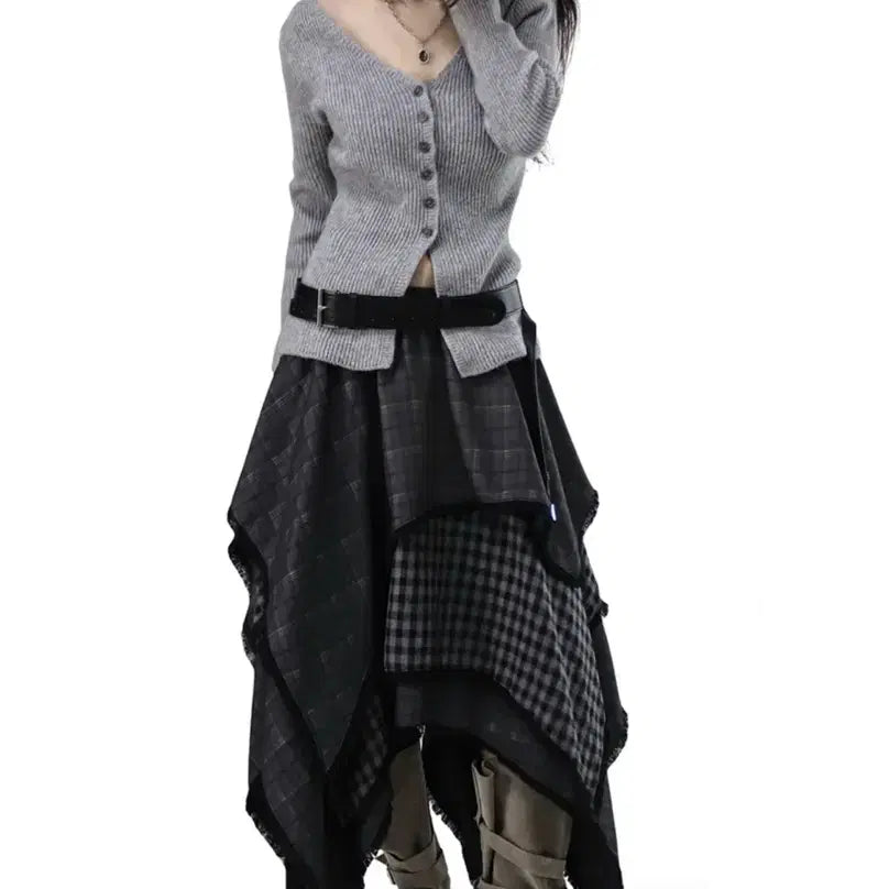 [BUNJANG] Chicwin Asymmetric Layered Unbalanced Skirt / 시크윈) 체크 비대칭 레이어드 언발스커트