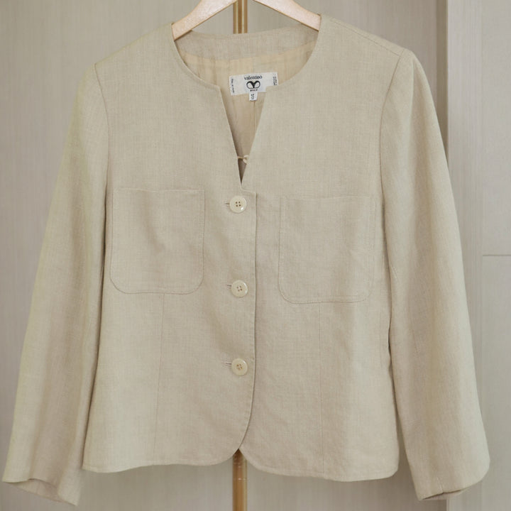 [BUNJANG] Valentino Miss V Italian Made 100% Linen No-Collar Jacket / VALENTINO Miss V 이태리 노카라 자켓