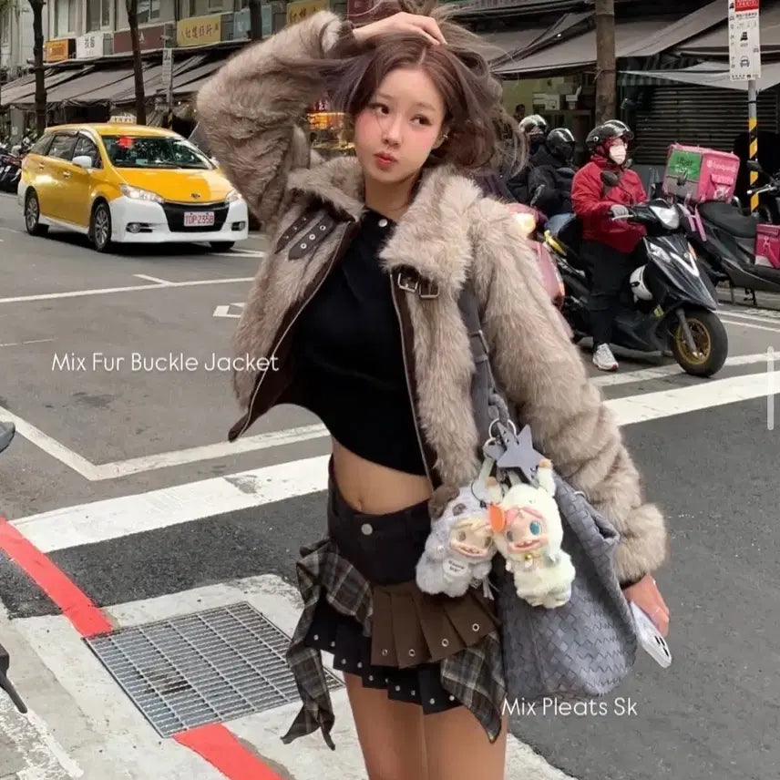 [BUNJANG] Dry Rose Mix Buckle Fur Jacket / 드라이로즈 믹스 퍼 버클자켓