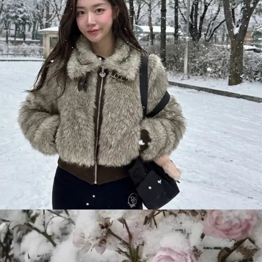 [BUNJANG] Dry Rose Mix Buckle Fur Jacket / 드라이로즈 믹스 퍼 버클자켓