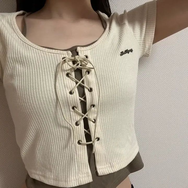 [BUNJANG] Ribbed Lace-Up Sleeveless Crop Top with Half Sleeves / 일체형 크롭 골지 레이스업 슬리브리스 나시 반팔