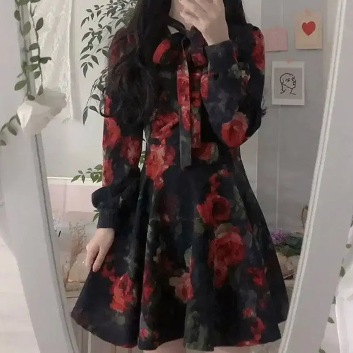 [BUNJANG] Rose Flower Pattern Fleece Dress / 플라워 기모 원피스 새상품 로즈 원피스 국내제작 리본 원피스 새상품