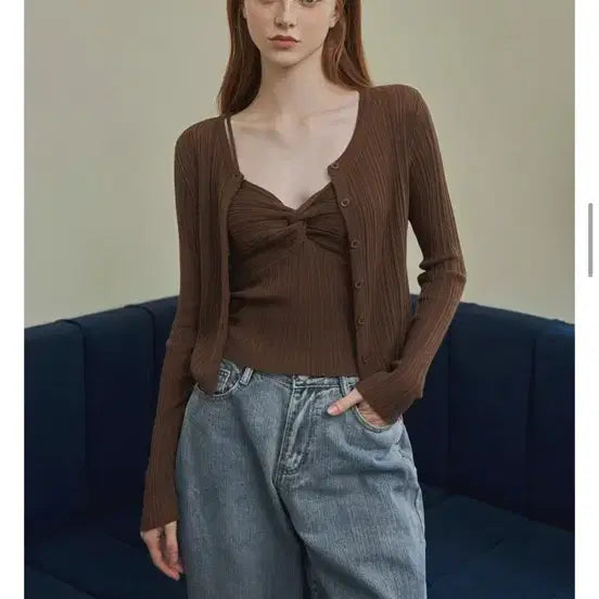 [BUNJANG] Twiv Brown Knit Cardigan Set / 트위 브라운 꼬임 니트 가디건 세트