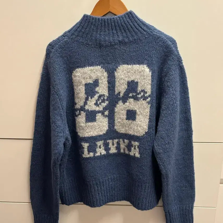 [BUNJANG] Number Lettering Blue Knit Zip-Up Cardigan / 넘버 레터링 블루 니트 집업