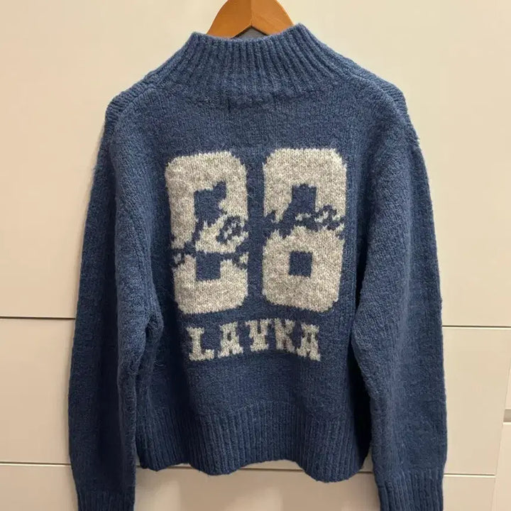 [BUNJANG] Number Lettering Blue Knit Zip-Up Cardigan / 넘버 레터링 블루 니트 집업