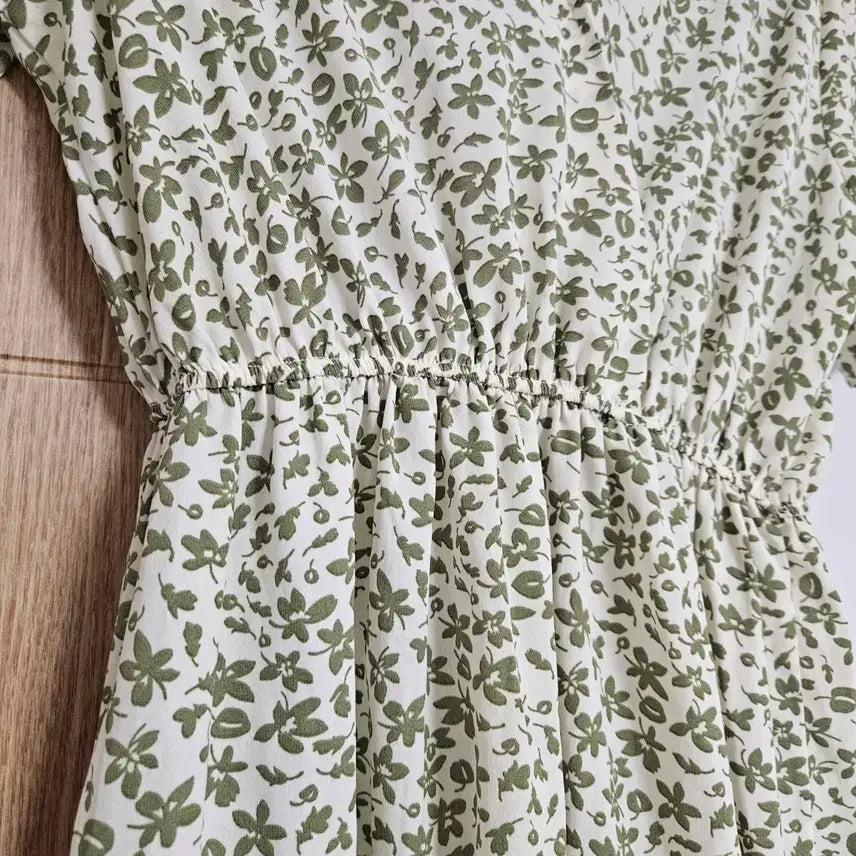 [BUNJANG] Green Flower Midi Dress / 그린 반팔 플라워 미디 원피스 free