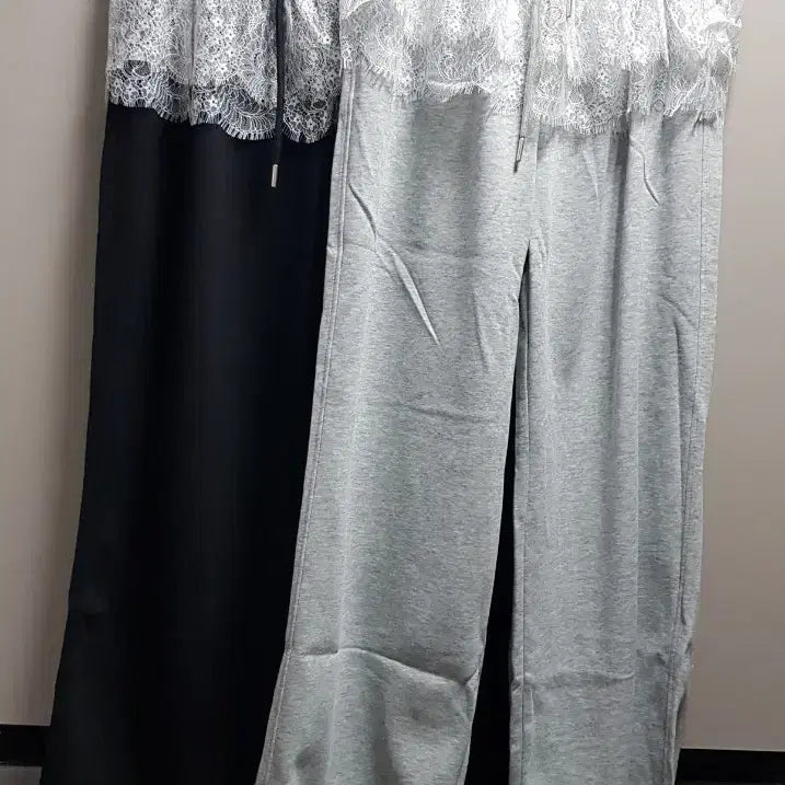 [BUNJANG] Lace Trim Wide Leg Spring Training Pants (Melange Grey) / 새옷)~88 레이스달린 와이드 트레이닝 밴딩 봄팬츠 그레이만