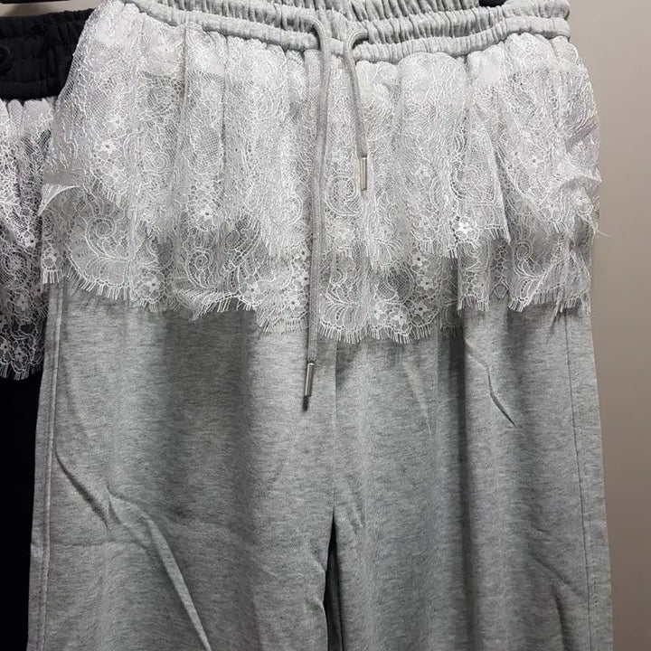 [BUNJANG] Lace Trim Wide Leg Spring Training Pants (Melange Grey) / 새옷)~88 레이스달린 와이드 트레이닝 밴딩 봄팬츠 그레이만