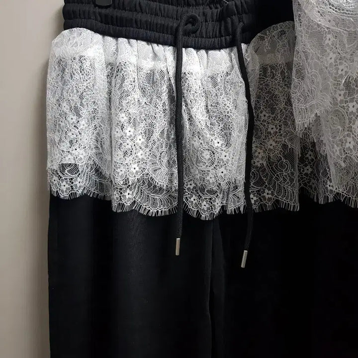 [BUNJANG] Lace Trim Wide Leg Spring Training Pants (Melange Grey) / 새옷)~88 레이스달린 와이드 트레이닝 밴딩 봄팬츠 그레이만