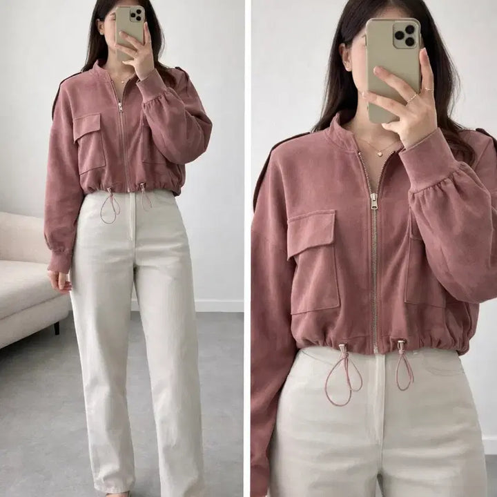 [BUNJANG] Loose Fit Balloon Sleeve Crop Zip-Up Jacket / 말린장미 크롭 집업 자켓/스트링 조절/루즈핏 벌룬핏 점퍼