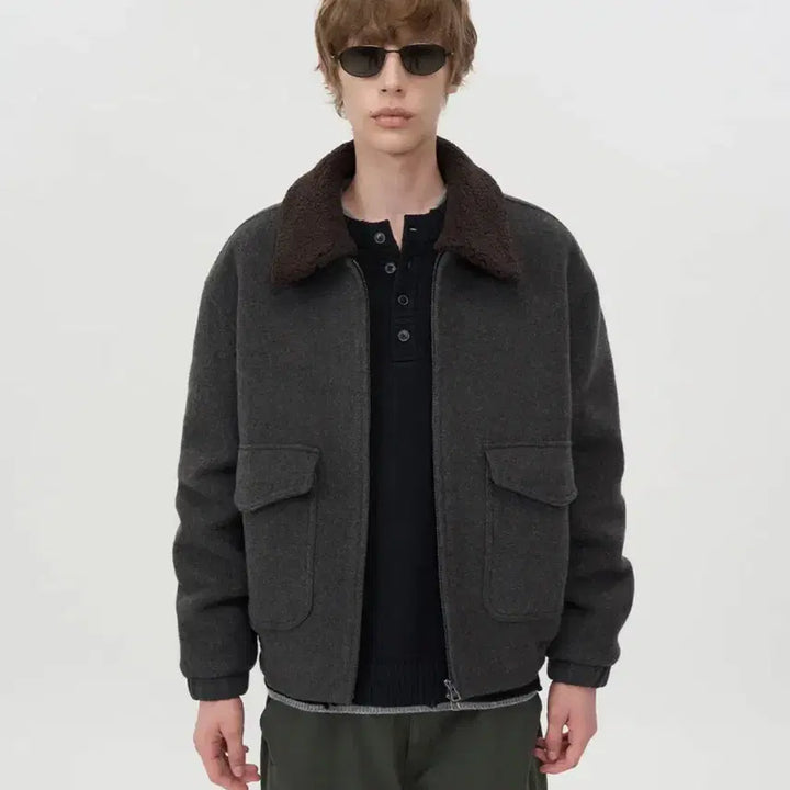 [BUNJANG] In Silence Detachable Collar Cashmere Blouson - Grey Brown / 인사일런스 디테처블 칼라 캐시미어 블루종 GREY BROWN