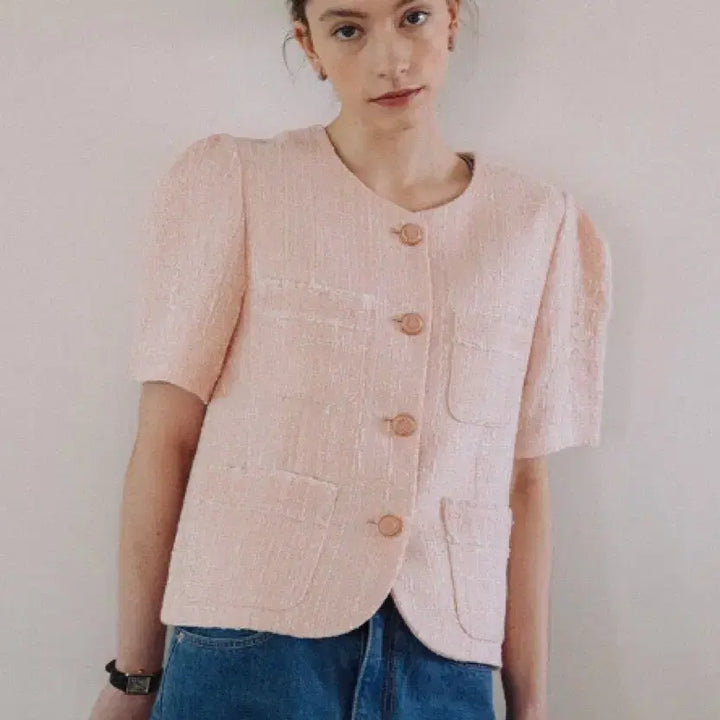 [BUNJANG] Voca Vaca Tweed Short Sleeve Jacket Pink S / 보카바카 트위드 반팔 자켓 핑크 S