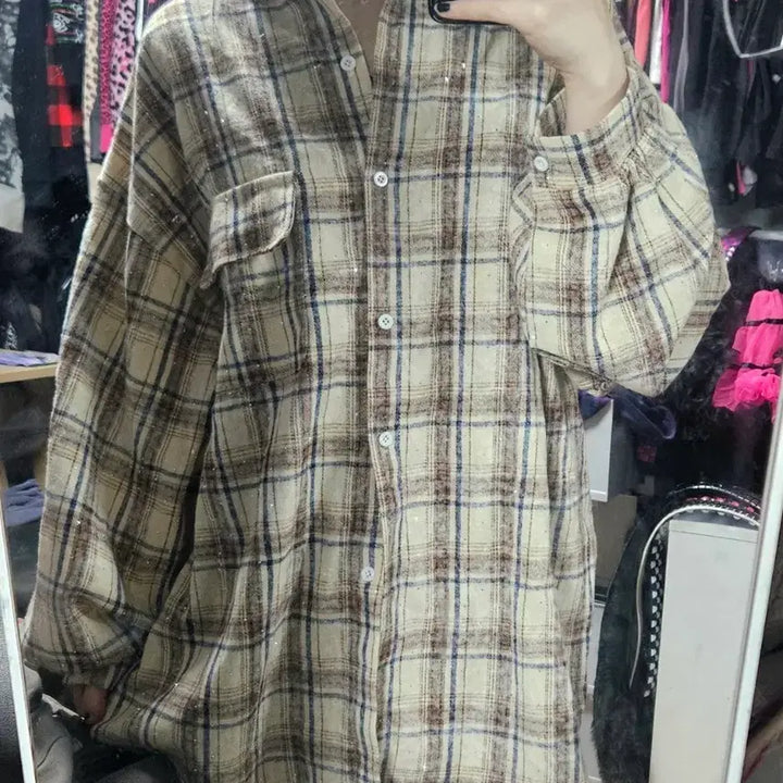 [BUNJANG] Glitter Check Oversized Shirt Mori Girl Style / 글리터 체크 오버핏 셔츠 모리걸 러블리 라떼갸루