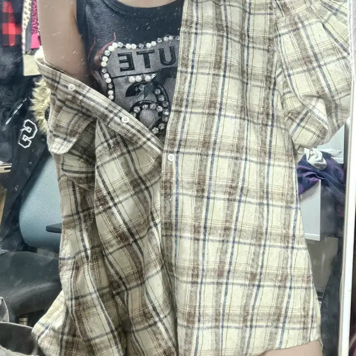 [BUNJANG] Glitter Check Oversized Shirt Mori Girl Style / 글리터 체크 오버핏 셔츠 모리걸 러블리 라떼갸루