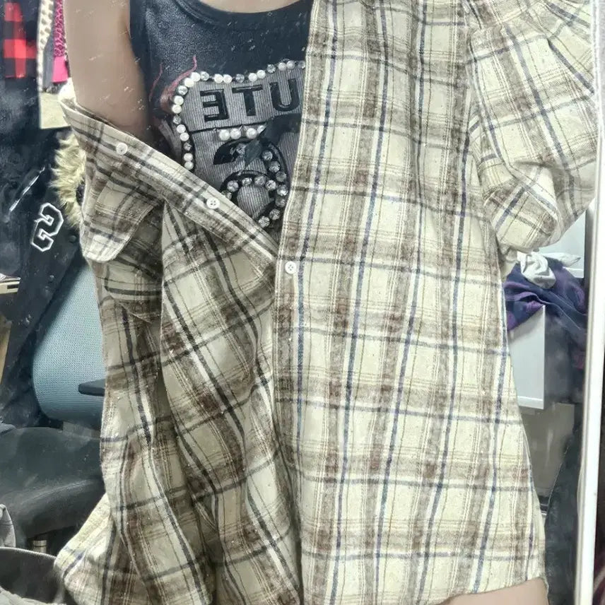 [BUNJANG] Glitter Check Oversized Shirt Mori Girl Style / 글리터 체크 오버핏 셔츠 모리걸 러블리 라떼갸루