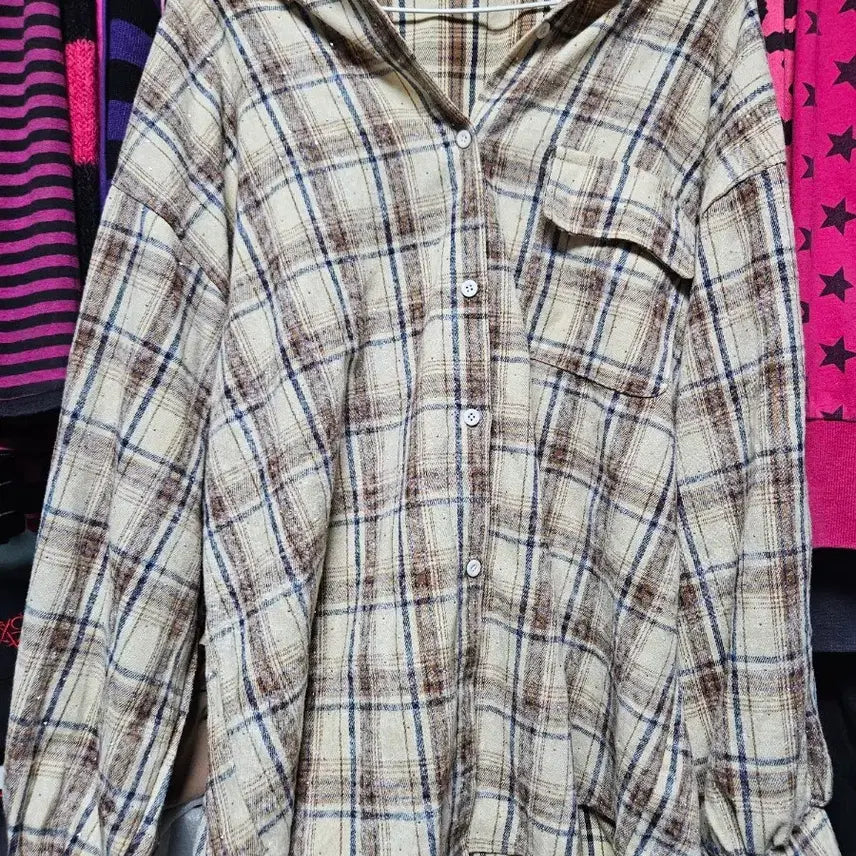 [BUNJANG] Glitter Check Oversized Shirt Mori Girl Style / 글리터 체크 오버핏 셔츠 모리걸 러블리 라떼갸루
