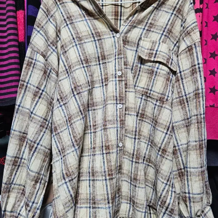 [BUNJANG] Glitter Check Oversized Shirt Mori Girl Style / 글리터 체크 오버핏 셔츠 모리걸 러블리 라떼갸루