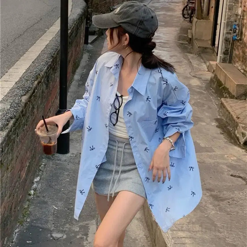 [BUNJANG] Loose Fit Ribbon Shirt (Blue) / 리본 루즈핏 셔츠(블루)