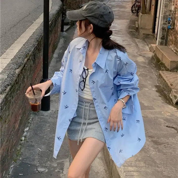 [BUNJANG] Loose Fit Ribbon Shirt (Blue) / 리본 루즈핏 셔츠(블루)