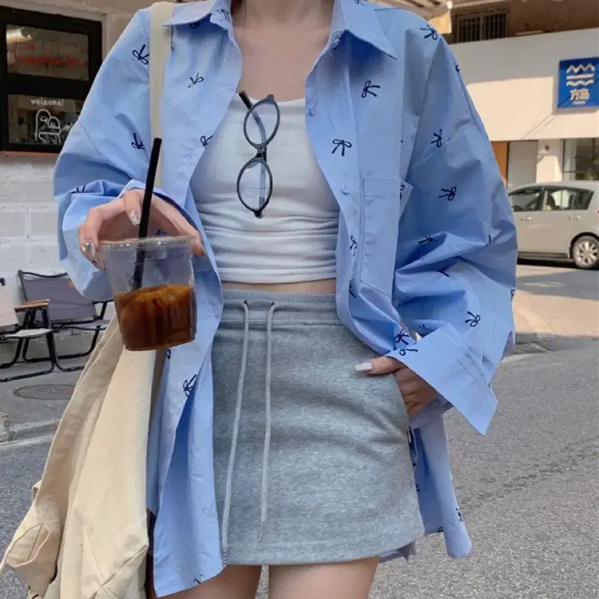 [BUNJANG] Loose Fit Ribbon Shirt (Blue) / 리본 루즈핏 셔츠(블루)