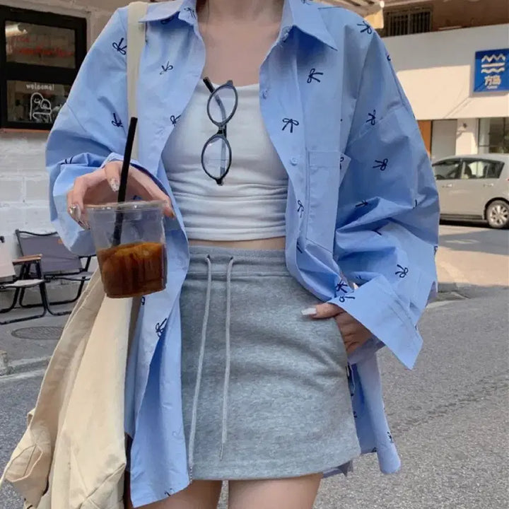 [BUNJANG] Loose Fit Ribbon Shirt (Blue) / 리본 루즈핏 셔츠(블루)