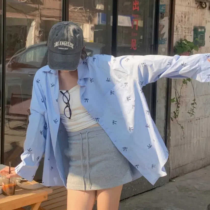 [BUNJANG] Loose Fit Ribbon Shirt (Blue) / 리본 루즈핏 셔츠(블루)