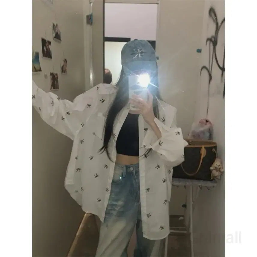 [BUNJANG] Loose Fit Ribbon Shirt (Blue) / 리본 루즈핏 셔츠(블루)