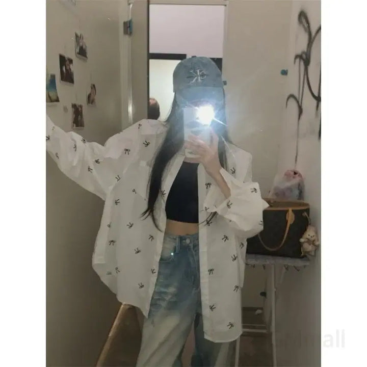 [BUNJANG] Loose Fit Ribbon Shirt (Blue) / 리본 루즈핏 셔츠(블루)
