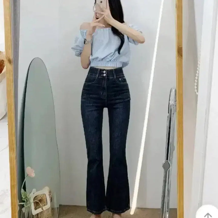 [BUNJANG] Denim Jeans / 에이블리 투버튼 데님 부츠컷 데님 팬츠 청바지