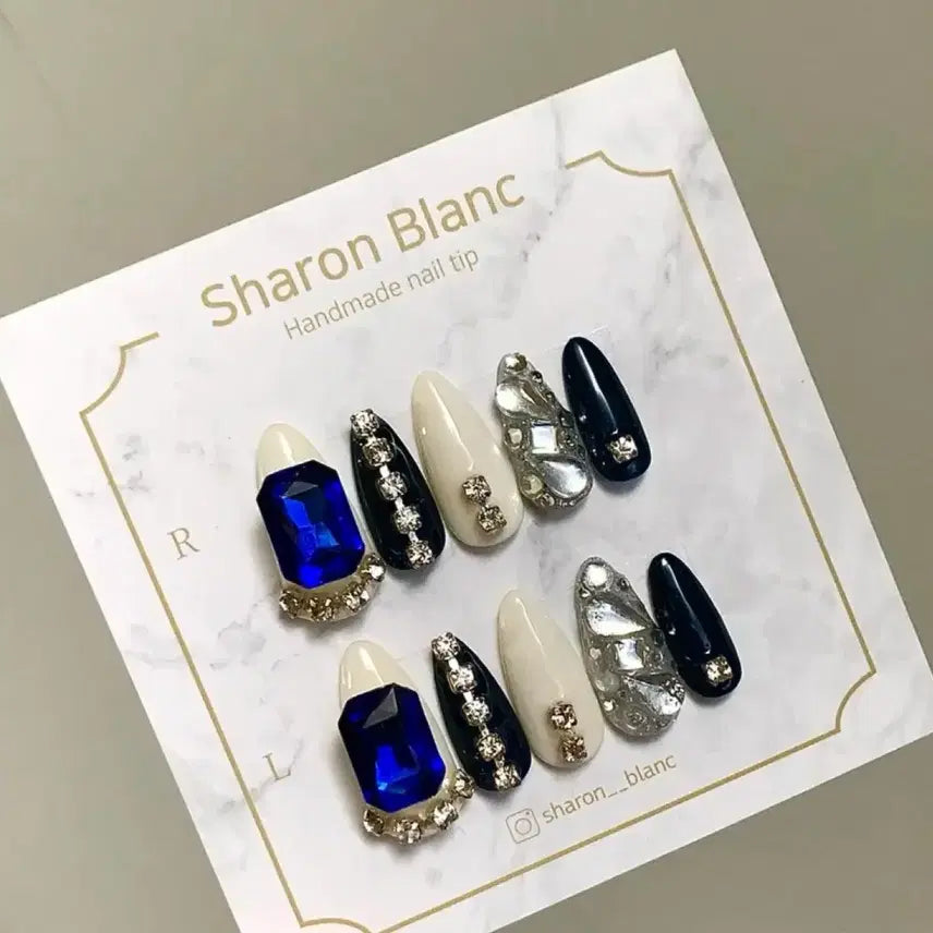 [BUNJANG] Sharon Blanc White & Navy Full Stone Nail Tip Set / 화이트+네이비 풀스톤 네일팁 / 14종 쉐입