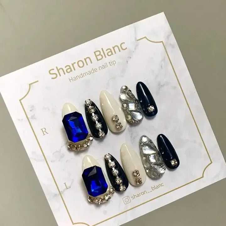 [BUNJANG] Sharon Blanc White & Navy Full Stone Nail Tip Set / 화이트+네이비 풀스톤 네일팁 / 14종 쉐입