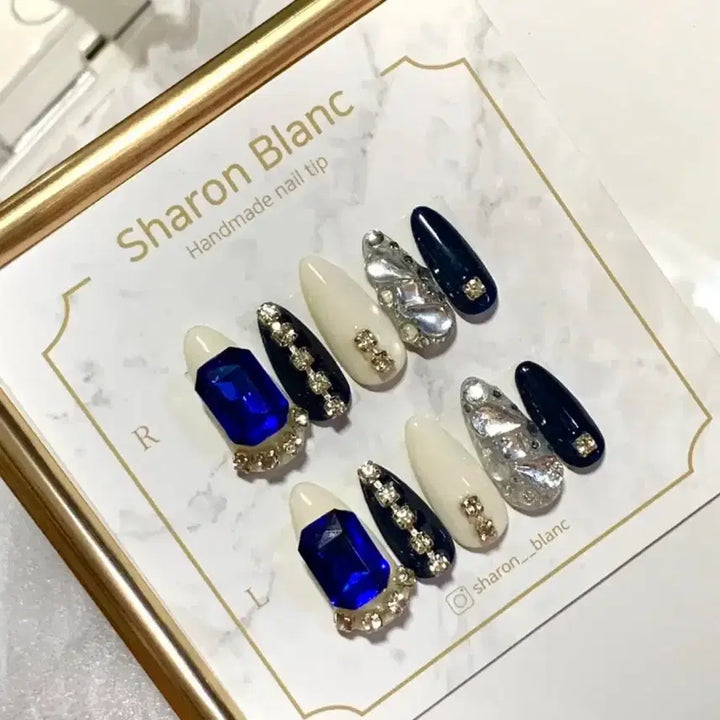 [BUNJANG] Sharon Blanc White & Navy Full Stone Nail Tip Set / 화이트+네이비 풀스톤 네일팁 / 14종 쉐입