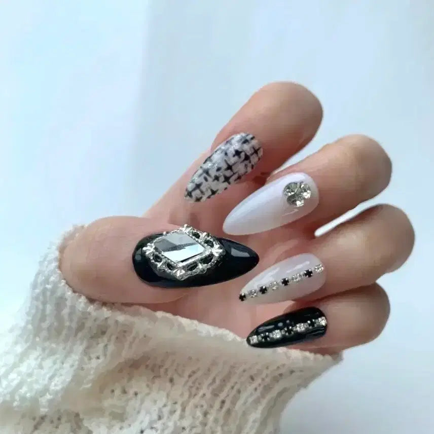 [BUNJANG] Stone Chain Tweed Nail Tip Set / 스톤 체인 트위드 네일팁 / 14종 쉐입