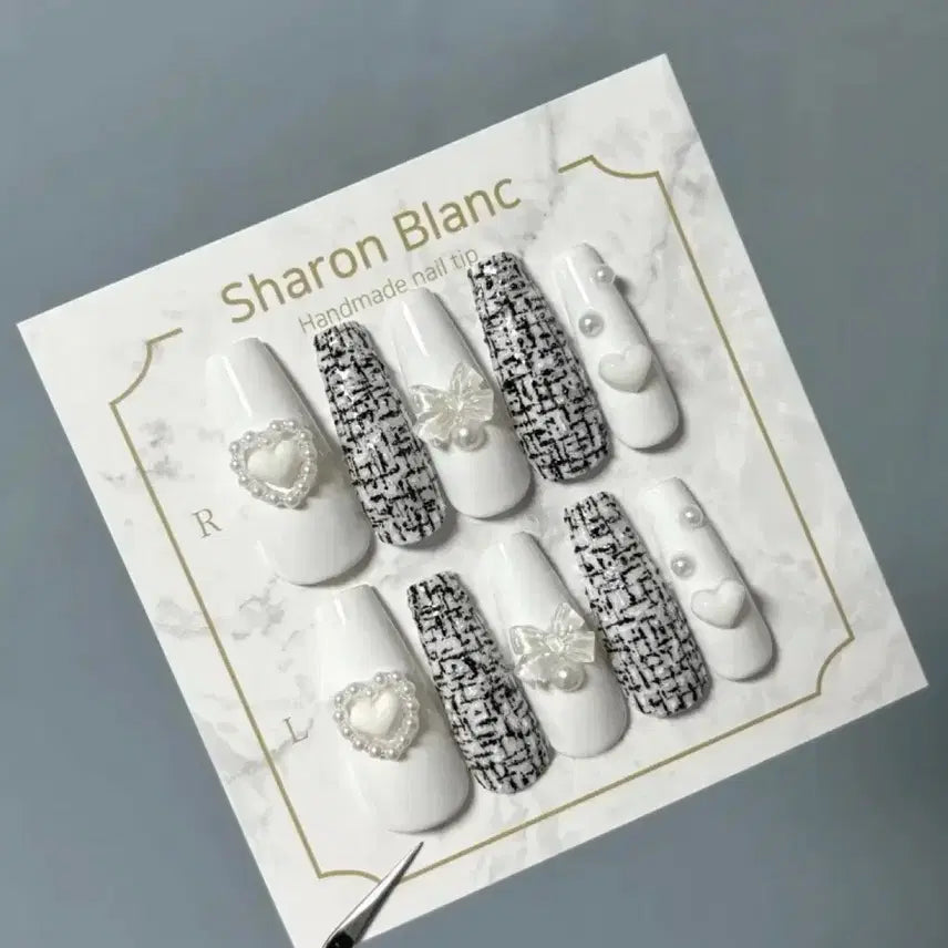 [BUNJANG] Sharon Blanc Pearl Ribbon Tweed Nail Tip Set / 진주 리본 트위드 네일팁 / 14종 쉐입