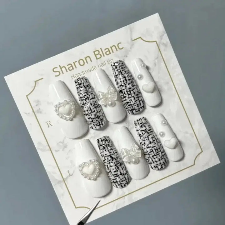 [BUNJANG] Sharon Blanc Pearl Ribbon Tweed Nail Tip Set / 진주 리본 트위드 네일팁 / 14종 쉐입
