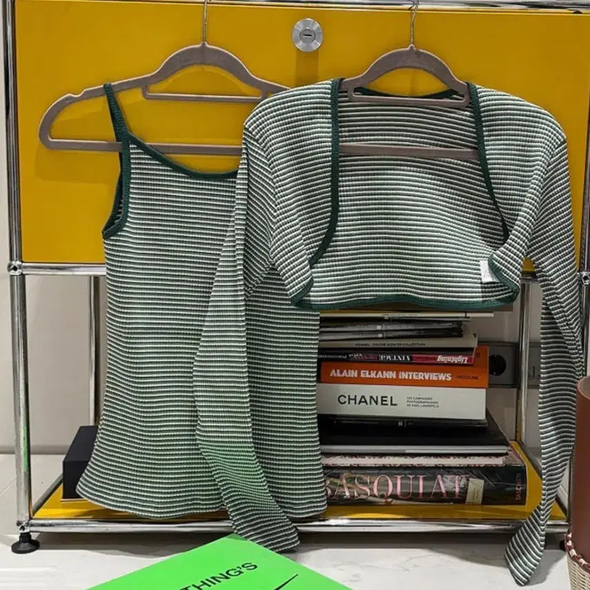 [BUNJANG] Green Stripe Cami &amp; Cardigan Set / 고걸)그린 스트라이프 끈나시 가디건 세트